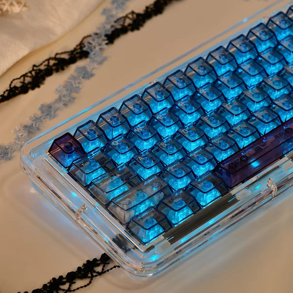 Keys | 130 Custom Backlit Keycaps | Blue Crystal Clear Theme | SA Profile |  Dye-Sublimation