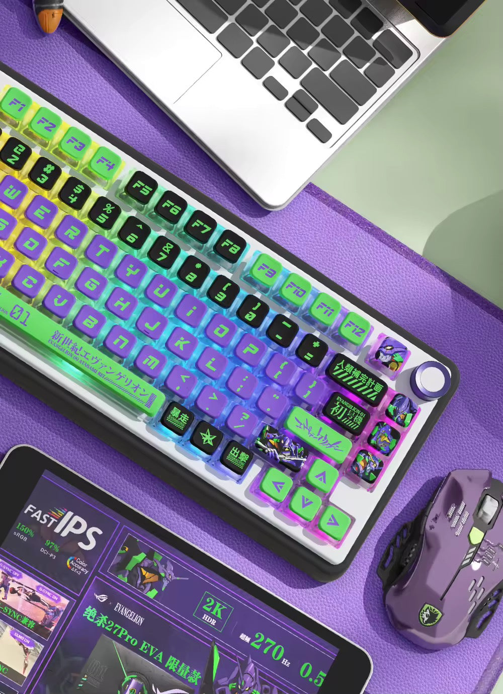 Keys | 122 Pudding Anime Keycaps Evangelion Eva 01 Theme | High Quality Dye-sublimation PBT | MDA Profile for Mechanical Keyboards | Standard ANSI Layout Compatible | Backlit Keycaps