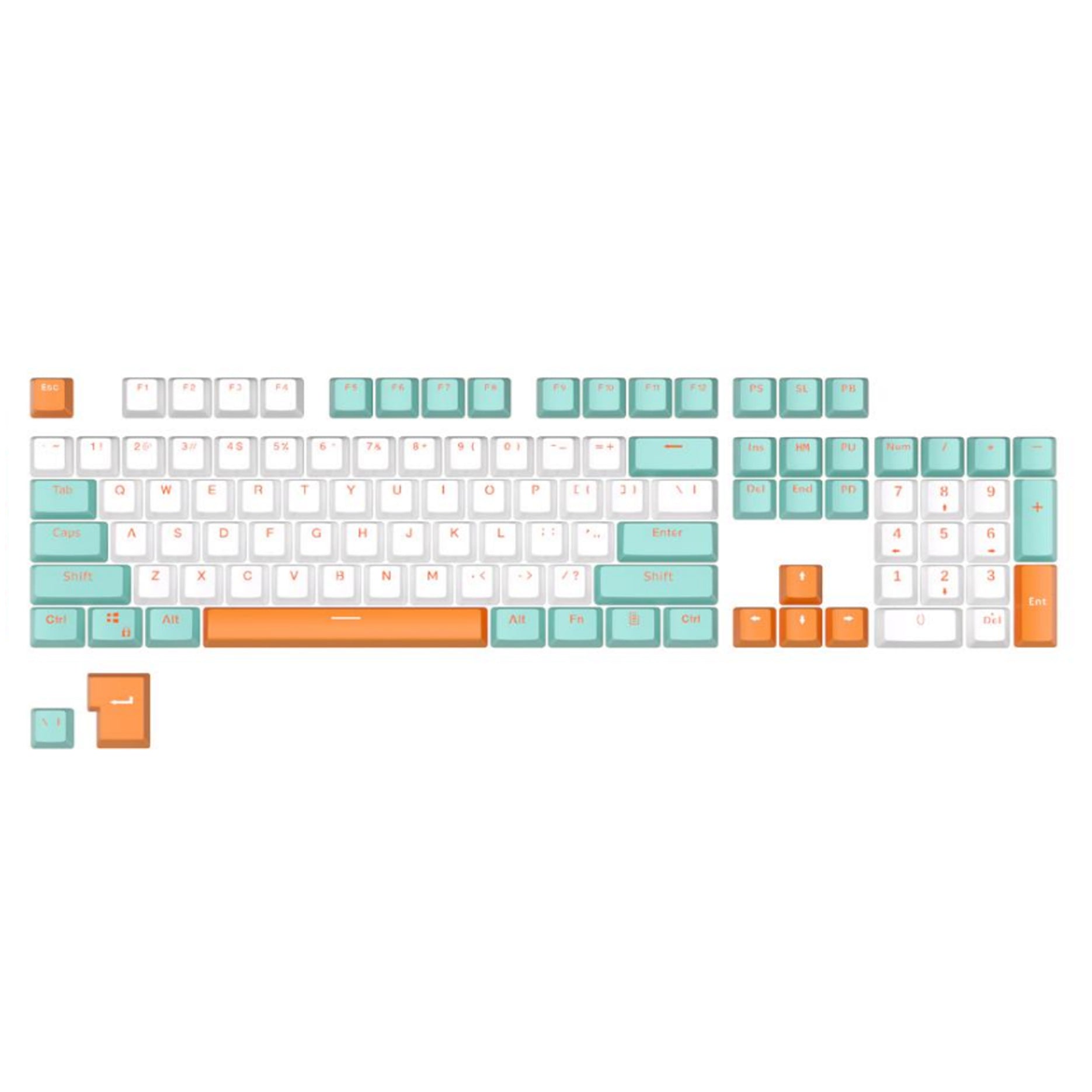 Keys | 106 Custom Backlit Keycaps | OEM Profile | Double Shot PBT | ISO Layout | White, Orange & Green Theme