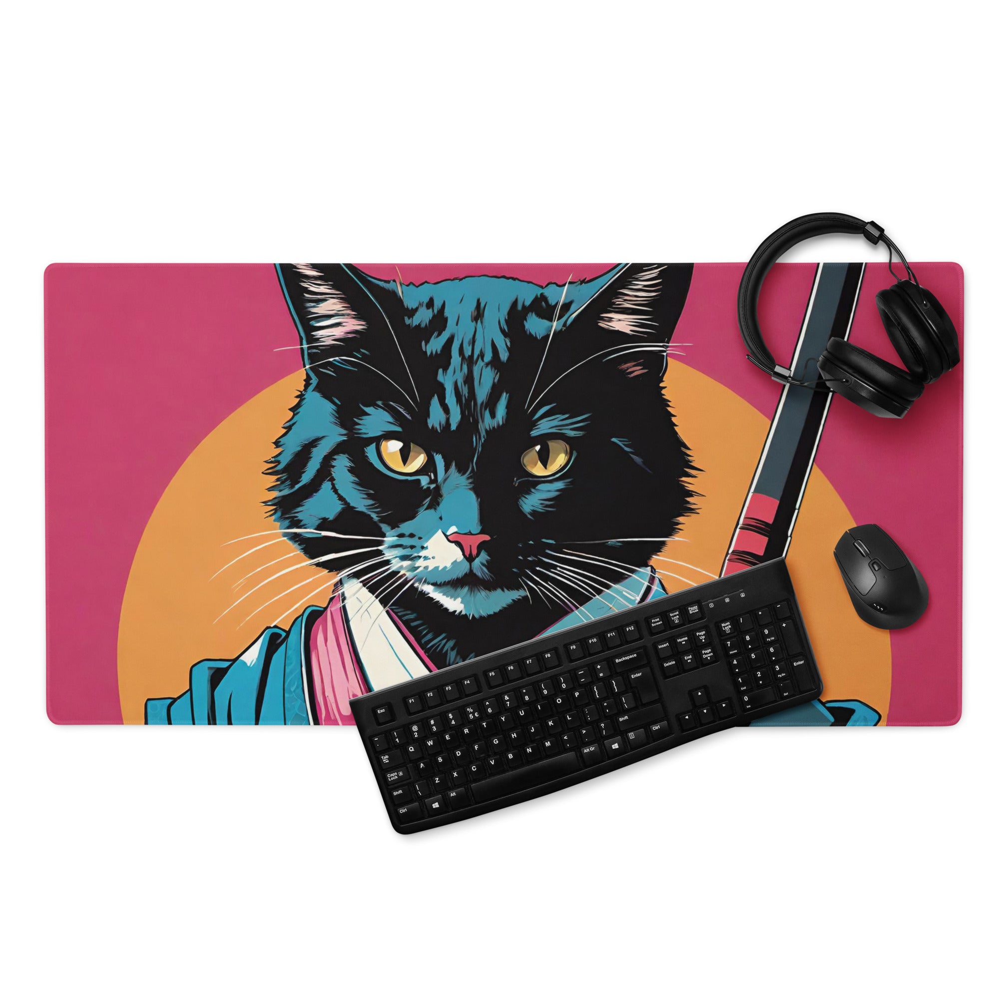 Samurai Cat Desk Mat | High Quality Mouse Pad For PC Laptop keyboard | Non-Slip Rubber Back Gaming Pad