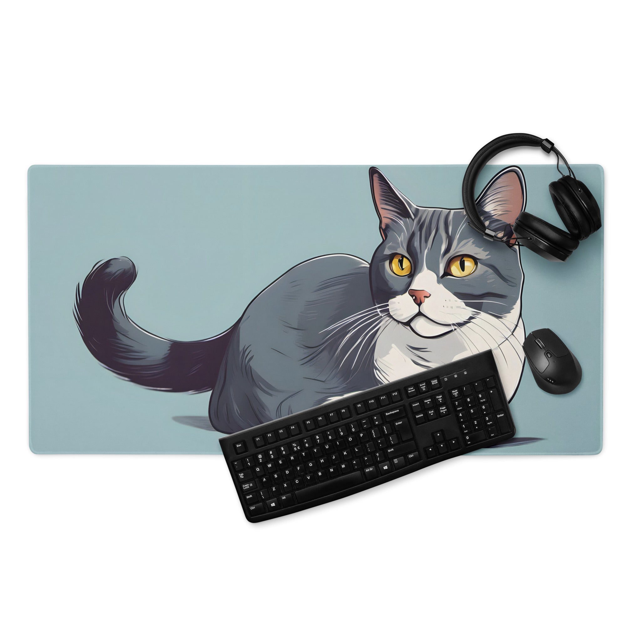 Custom Gray Cat Desk Mat | High Quality Mouse Pad | Gaming Pad for PC Laptop Keyboard