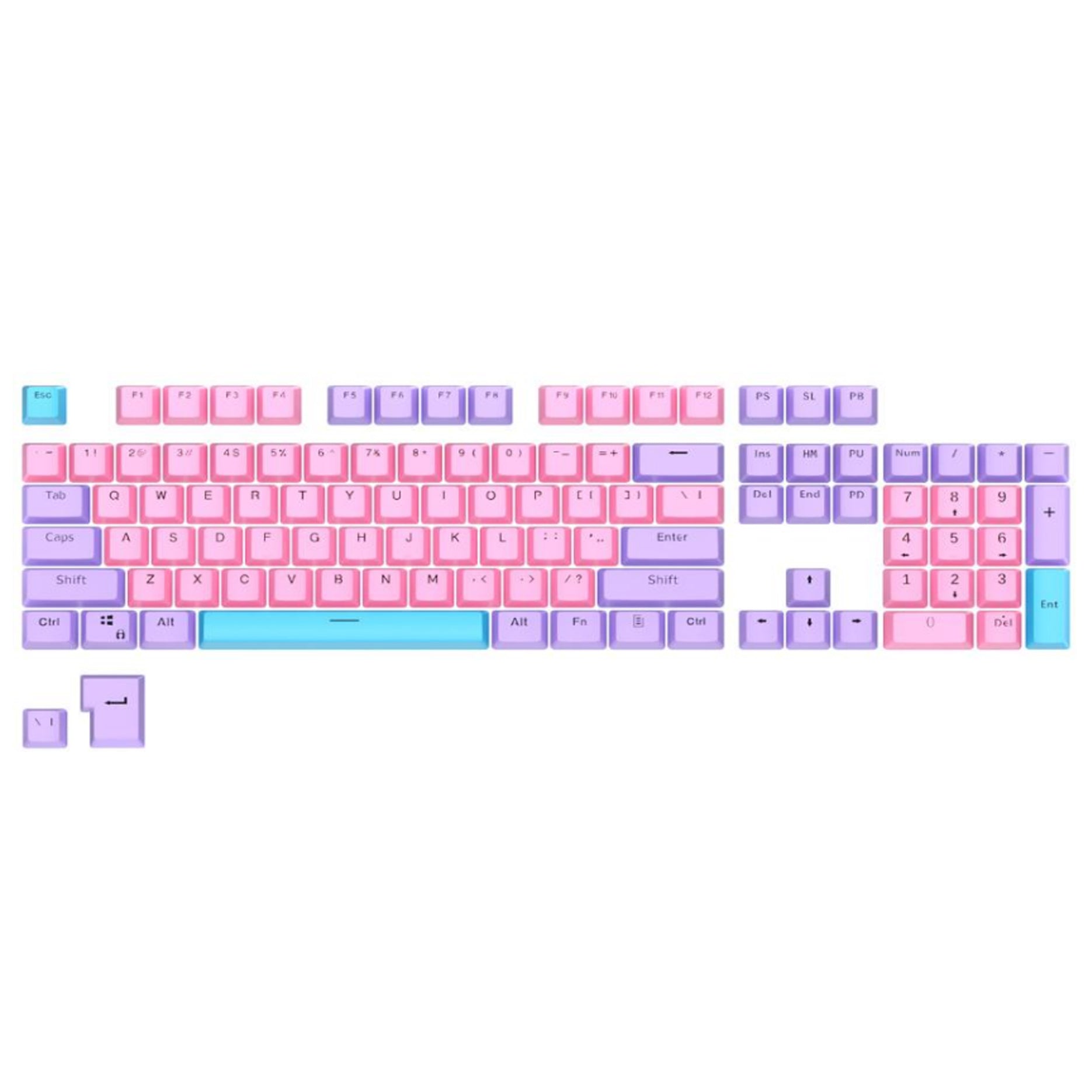 Keys | 106 Custom Backlit Keycaps | OEM Profile | Double Shot PBT | ISO Layout | Pink Purple Light Blue