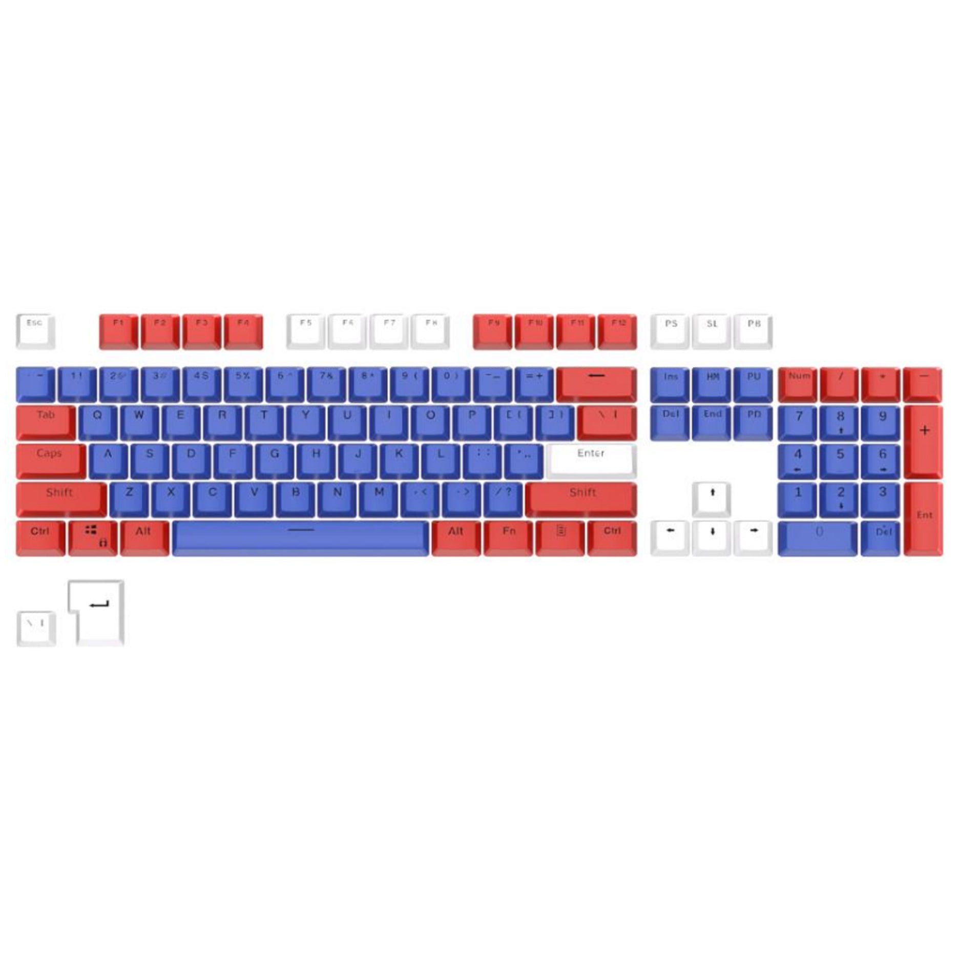 Keys | 106 Custom Backlit Keycaps | OEM Profile | Double Shot PBT | ISO Layout | Red, Blue & White