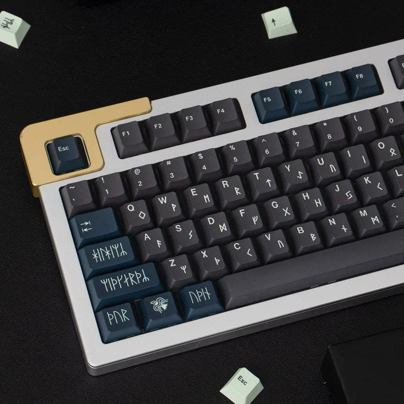 Keys | 130 Custom Keycaps Set “Norse” Theme Black & Green Color For Mechanical Keyboard MX Switch Type Cherry Profile