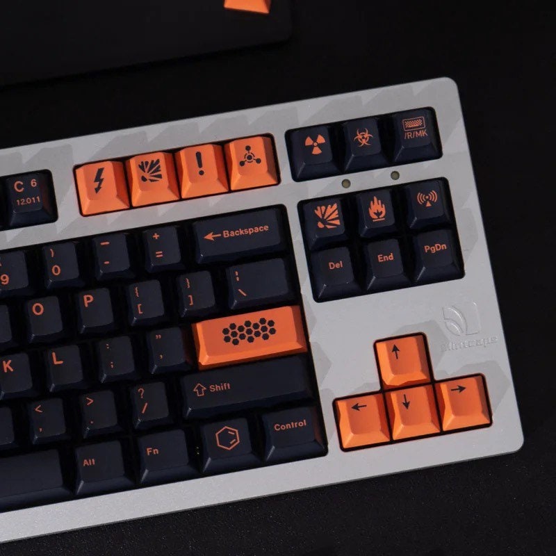 Keys | 130 Custom Keycaps Set Carbon Explosion Theme Black & Orange Color For Mechanical Keyboard MX Switch Type Cherry Profile
